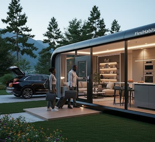 A modern modular home on a lake.