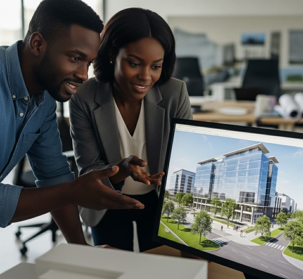 Two people looking at a 3D architectural design on a computer.